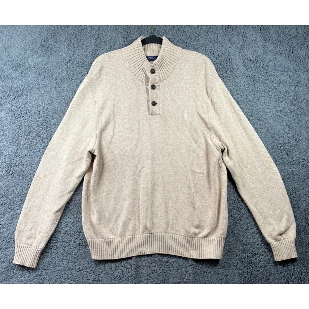 Polo Ralph Lauren 3-Button Mock Neck Sweater Tan Beige Cotton Men's XL TG Preppy